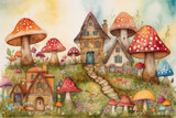 Fototapeta Dziecięca - Paint a detailed and intricate watercolor scene of a whimsical mushroom village surrounded by a garden of colorful and playful flowers