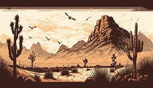 AI Generative. AI Generated. Mountain Desert Texas Landscape. Wild West Western Adventure Explore Inspirational Vibe. Graphic Art Illustration.