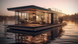A modern luxury houseboat on a lake