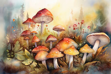 Design A Watercolor Painting Of A Group Of Whimsical Mushrooms Dancing And Frolicking In A Field Of Wildflowers