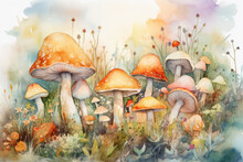 Paint A Watercolor Illustration Of A Group Of Happy Mushrooms Playing Hide-and-seek Among A Colorful Field Of Wildflowers