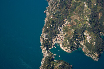 Wall Mural - Natural Park of Portofino, Liguria, Italy. aerial view from airplane before landing in Genoa