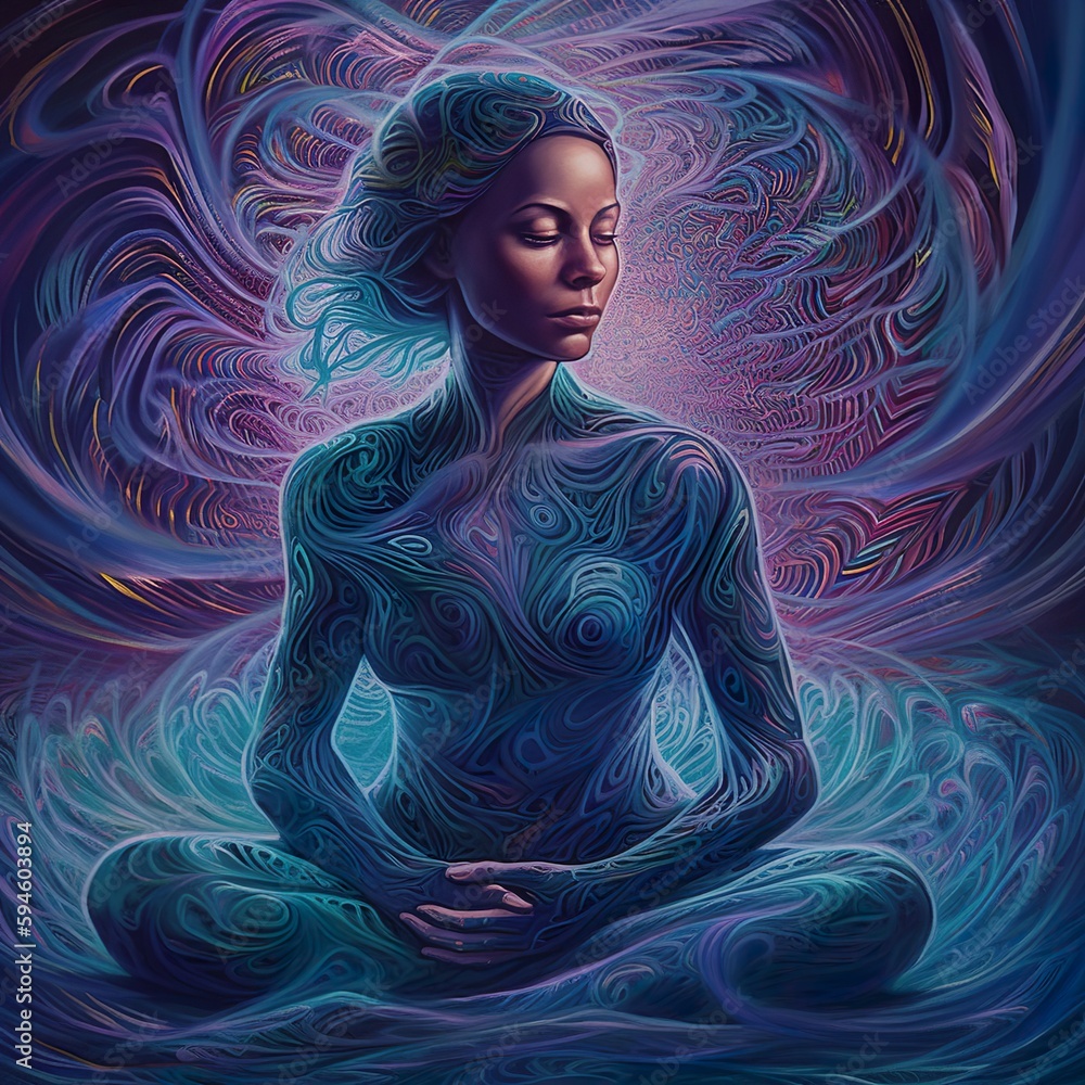 A visionary digital painting depicting a serene figure in a meditative ...