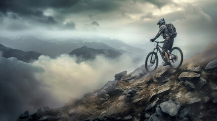 Mountainbiker bei schlechtem Wetter im Gelände Mountainbiking im Wald Trail Sommer Winter Illustration Digital Art Generative AI Hintergrund Sport Leistung Action