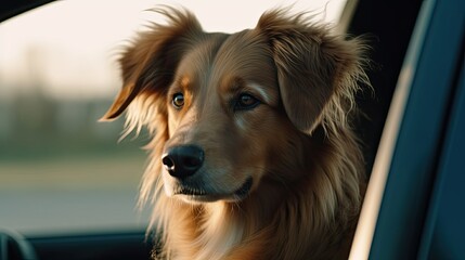 close up of a dog in the windows of car, ai generative