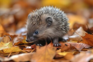Wall Mural - baby hedgehog taking its first steps in a pile of autumn leaves, created with generative ai