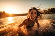 A Woman Is Smiling While Riding A Boat In The Water At Sunset Natural Hot Springs Travel Photography Water Sports Gear Generative AI