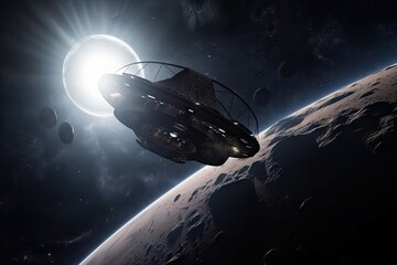 Sticker - spacecraft on its way to distant planet, with breathtaking view of the cosmos, created with generati