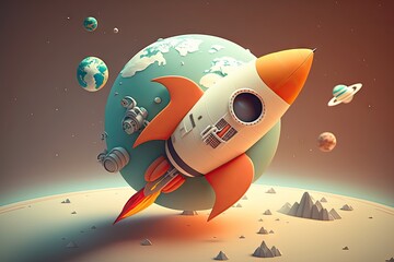 Sticker - cute rocket with earth view, flying over planet and into space, created with generative ai