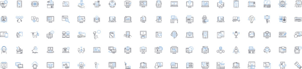 Technology line icons collection. Innovation, Automation, Robotics, Artificial intelligence, Augmented reality, Cloud computing, Cybersecurity vector and linear illustration. Blockchain,Gamification
