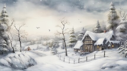 Wall Mural - Merry Christmas and Happy New Year greeting background. .Winter landscape with snow and Christmas trees.. Created with generative AI