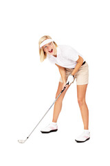 Canvas Print - Sports, shouting and angry woman with a golf club for exercise isolated on a transparent, png background. Fitness, anger and female golfer or athlete player upset about training or competition loss