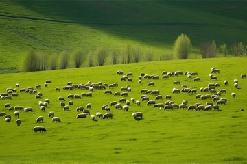 Sticker - green pastures in the spring and summer, with a flock of sheep grazing, created with generative ai