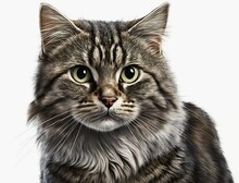 Lovely Fluffy Cat With Beautiful Big Green Eyes On A White Background. Free Space For Text. Generative AI