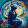 A contemporary oil painting portraying a tranquil figure in deep meditation, surrounded by swirling waves of psychic energy that emanate from their mind. - Generative AI