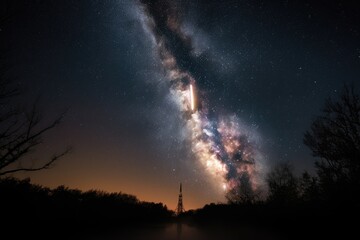 Wall Mural - rocket launch with view of the stars and galaxies in the background, created with generative ai