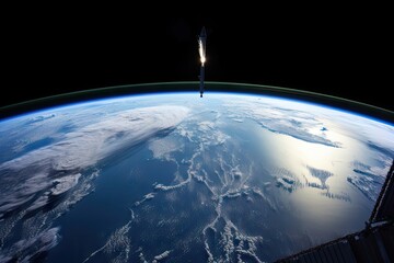 Sticker - view of the earth, with rocket launch visible in the sky, created with generative ai