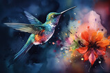 Play with the use of light and shadow to create a stunning and dynamic watercolor painting of a hummingbird and a flower