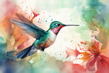 Fototapeta Sypialnia - Illustrate a watercolor scene of a hummingbird and flower with an abstract and whimsical touch