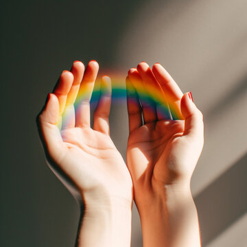 Two Caucasian hands holding a rainbow
