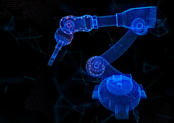 Wall Mural - Industrial robot. Glow Blue particles formation in 3d robot hand model