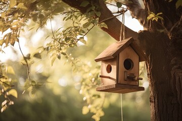 Poster - birdhouse and feeder hanging from tree branch, created with generative ai