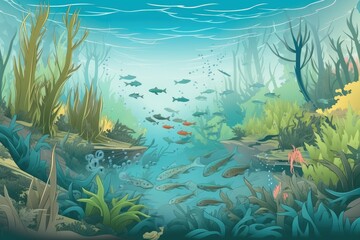 Wall Mural - freshwater ecosystem with schools of fish swimming among aquatic plants, created with generative ai