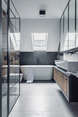 Poster - Stylish interior of bathroom with bathtub, shower, towels and other personal bathroom accessories. Modern and design interior. Marble walls. Roof window. Template.