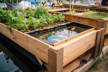 Sticker - close-up of aquaponics system, with water flowing and fish swimming, created with generative ai