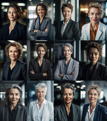 Portrait wall of confident mid aged and seniors successful executive women in suit posing smiling in the  lobby of his enterprise. Generative AI