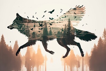 Wall Mural - double exposure of a wolf running through the forest with trees in the background and flying birds above, created with generative ai