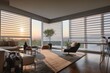 a view of a sunset with automated blinds and window treatments in the foreground, created with generative ai