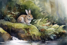 Paint A Serene Watercolor Image Of A Bunny Sitting On A Mossy Rock Beside A Babbling Brook, Surrounded By Lush Ferns And Blooming Wildflowers