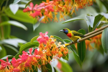 Wall Mural - exotic bird perched on branch of flowering tree branch in tropical garden, created with generative ai