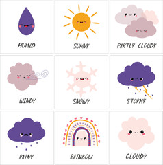 a series of different weather icons with different weather. set of memory cards with the study of th