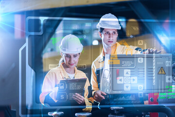 Professional engineering. Industry 4.0 Modern Factory Project Engineer Operator who Controls Facility Production Line, Uses Computer with Screens Showing AI, Machine Learning Enhanced Assembly Process