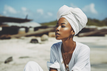 Portrait of a young black woman sitting on the beach and meditating AI generative art