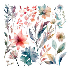 Wall Mural - Set of watercolor flowers leaves and twigs on a white background