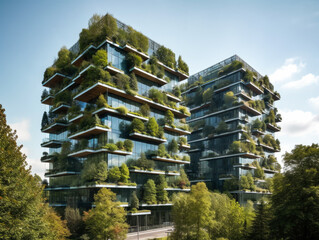 Green skyscraper building with plants growing on the facade. Ecology and green living in city, urban environment concept. Generative AI