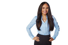 Hand On Hips, Portrait And Business Woman Isolated On A Transparent Png Background. Professional, Happiness And Confident Female Person Or Entrepreneur From Brazil With Pride For Career Or Job.