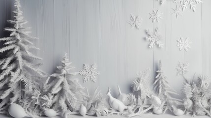 Wall Mural - Merry Christmas and Happy Holidays greeting card, frame, banner. New Year. Noel. Snow christmas tree light background. Winter xmas holiday theme. Flat lay.. Created with generative AI