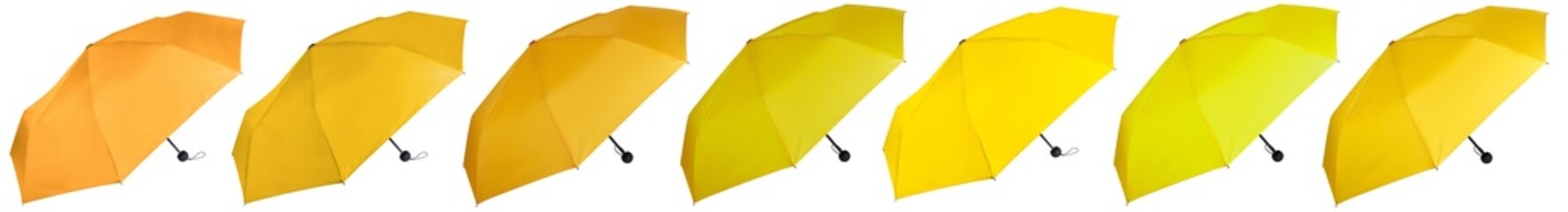 Wall Mural - Set of different yellow colors umbrellas isolated on transparent background. Side view.