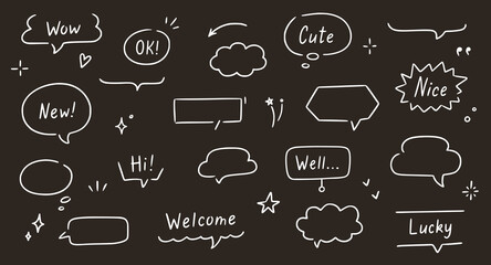 Poster - Balloon text frame decoration set chalkboard background. Simple hand drawn pen line speech bubble, cloud, balloon frame for text border. Doodle elegant dialog bubble. Vector illustration