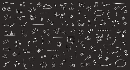 Poster - Doodle cute glitter pen line elements chalkboard. Doodle heart, arrow, star, sparkle decoration symbol set icon. Simple sketch line style emphasis, attention, pattern elements. Vector illustration