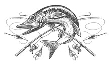 Fish Pike And Fishing Rods With Tackle And Hooks. Sport Fishing Emblem Sketch. Engraving Illustration
