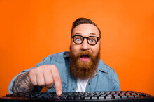 Closeup Photo Of Excited Funny Businessman Try Launch His First Ecommerce Product Wear Glasses Click Keyboard Isolated On Orange Color Background