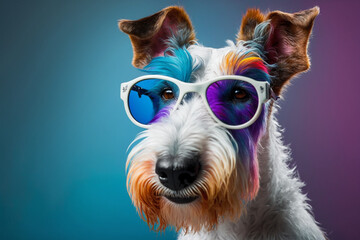 Wall Mural - Generative AI of a funky fox-terrier wearing glasses with colorful background.