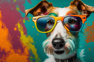 Wall Mural - Generative AI of a funky fox-terrier wearing glasses with colorful background.