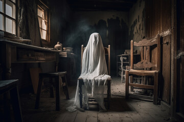 Wall Mural - Generative Ai of a white-sheet ghost sitting on a chair in a haunted house. 