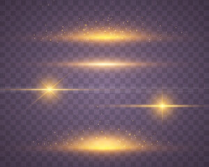 Wall Mural - Yellow horizontal lens flares pack. Beautiful light flares. Flash with rays and spotlight. Glowing lights, stars and sparkles. Golden realistic lens flare set. Vector illustration.